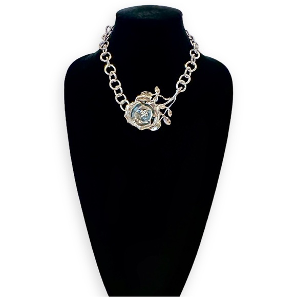 BOLD ROSE | Dramatic Sculpted Silver Rose Choker Necklace | NWOT - Picture 2 of 12